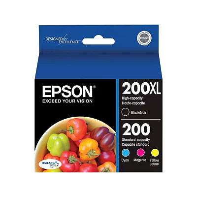 Genuine Epson 200XL/200 Black High Yield and Cyan/Magenta/Yellow Standard Yield Ink Cartridge, 4/Pack T200XL-BCS