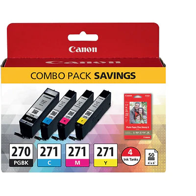 Genuine Canon PGI-270/CLI-271 Black/Cyan/Magenta/Yellow Standard Yield Ink Cartridge, 4/Pack (0373C005)