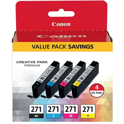 Genuine Canon CLI-271 Black/Cyan/Magenta/Yellow Standard Yield Ink Cartridge, 4/Pack (0390C005)
