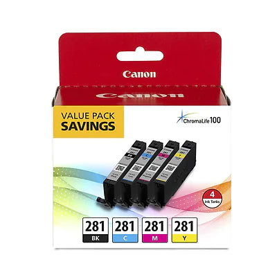 Genuine Canon CLI-281 Black/Cyan/Magenta/Yellow Standard Yield Ink Cartridge, 4/Pack (2091C005)