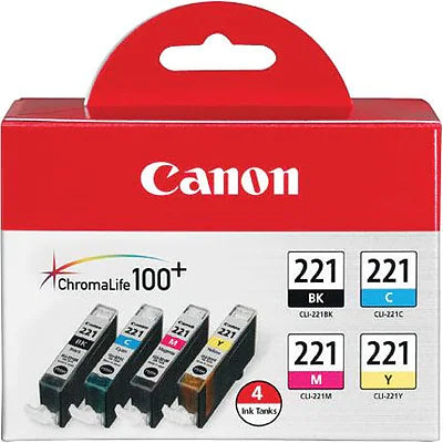 Genuine Canon CLI-221 Black/Cyan/Magenta/Yellow Standard Yield Ink Cartridge, 4/Pack (2946B004)