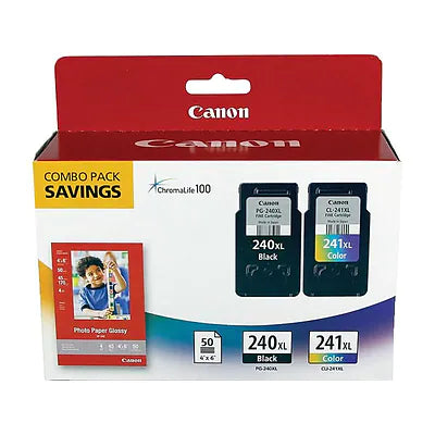 Genuine Canon PG-240XL/CL-241XL Black/Tri-Color High Yield Ink Cartridge, 2/Pack with 4x6 photo paper (5206B005)