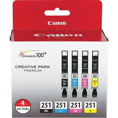 Genuine Canon CLI-251 Black/Cyan/Magenta/Yellow Standard Yield Ink Cartridge, 4/Pack (6513B004)