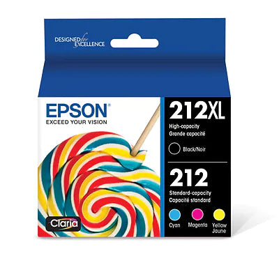 Genuine Epson 212XL/212 Black High Yield and Cyan/Magenta/Yellow Standard Yield Ink Cartridge, 4/Pack T212XL-BCS