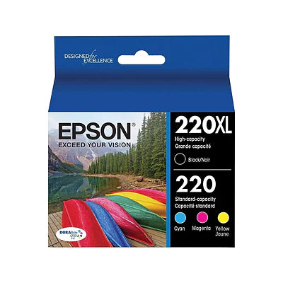 Genuine Epson 220XL/220 Black High Yield and Cyan/Magenta/Yellow Standard Yield Ink Cartridge, 4/Pack T220XL-BCS