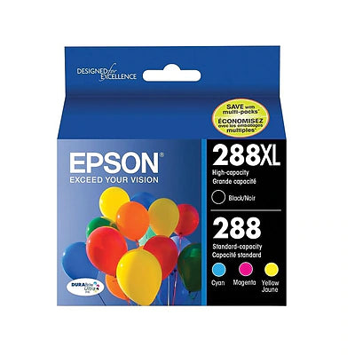 Genuine Epson 288XL/288 Black High Yield and Cyan/Magenta/Yellow Standard Yield Ink Cartridge, 4/Pack T288XL-BCS
