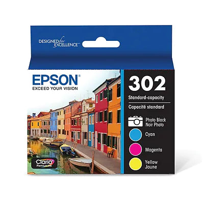Genuine Epson 302 Photo Black/Cyan/Magenta/Yellow Standard Yield Ink Cartridge, 4/Pack T302520-S