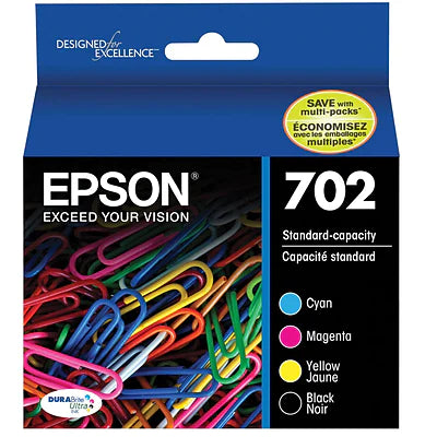 Genuine Epson 702 Black/Cyan/Magenta/Yellow Standard Yield Ink Cartridge, 4/Pack T702120-BCS